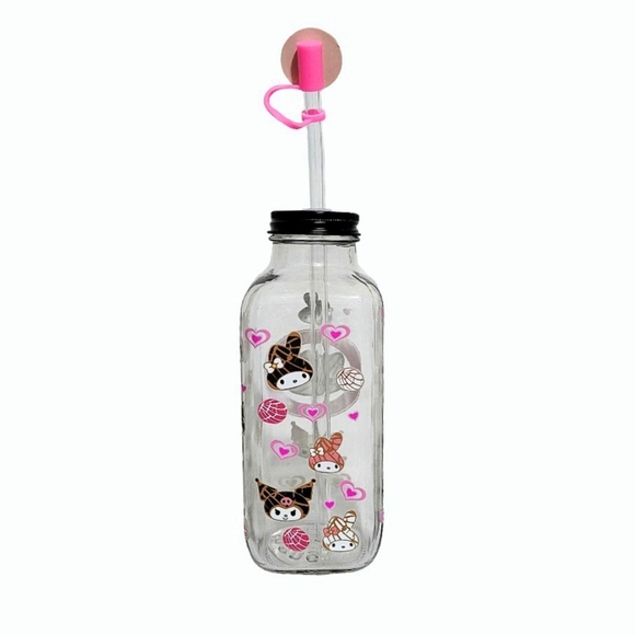 Hello Kitty Glass Bottle Iced Coffee Cup 16oz Pink Black Mexican Concha Design - Picture 5 of 7
